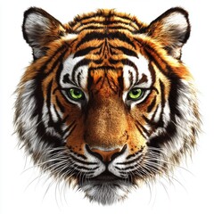 Fototapeta premium Powerful tiger with piercing green eyes isolated on white background