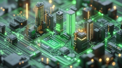 Obraz premium Computer circuit board with a cityscape visible in the background, suitable for technology and urban-themed projects