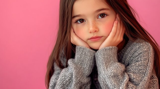 A young girl with long brown hair wearing a gray sweater, perfect for school or casual use - Powered by Adobe