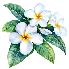 Obraz premium white plumeria with leaves on isolated white background, watercolor illustration.