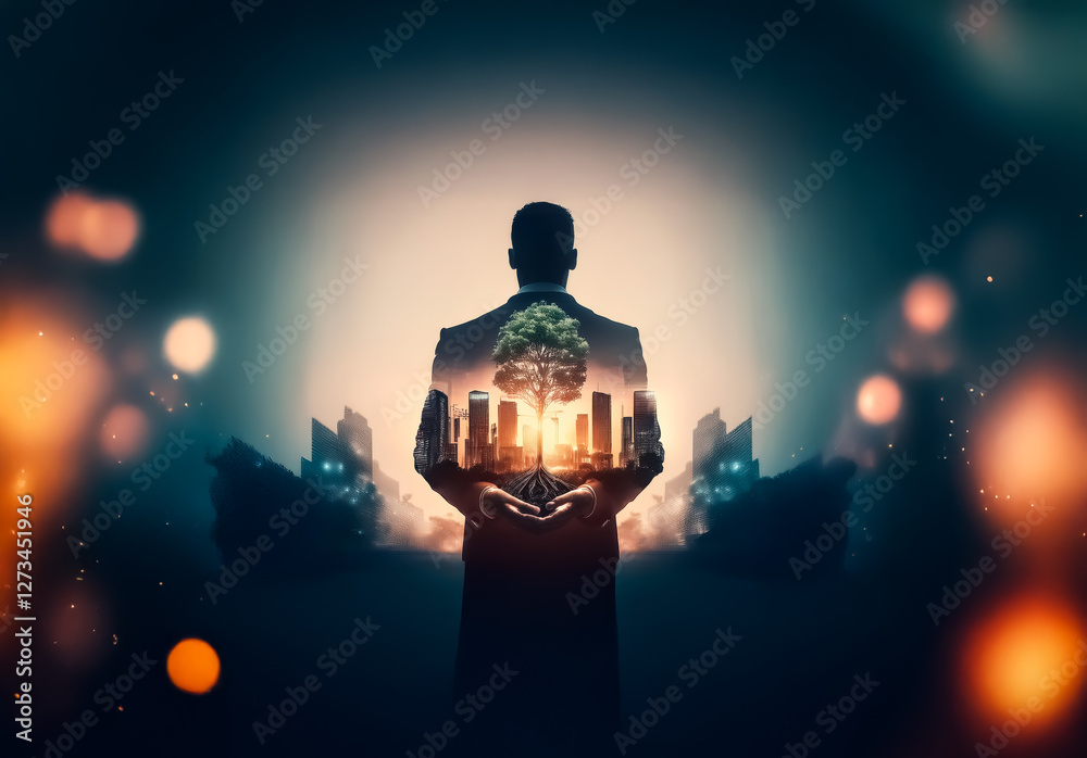 Poster shenzhen, china - unknown date : a figure holds a city skyline in their hands, with a tree growing f