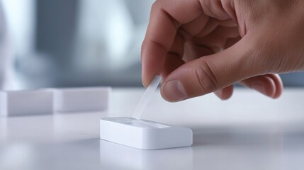 A hand inserting a test strip into a glucose meter. Featuring health care and diabetes testing