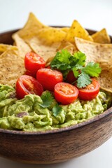 Fresh guacamole served with crispy chips and juicy tomatoes, perfect for a snack or party