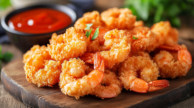 Close-up of fried shrimps in breadcrumbs lying on a wooden board. There is a small bowl of red sauce nearby.