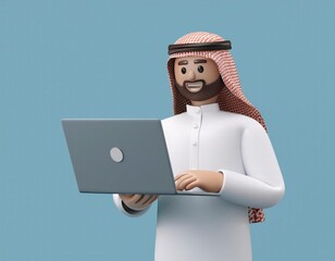 3D smiling man in traditional Arab clothing works on his laptop