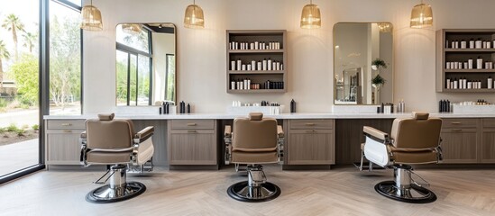 Modern Hair Salon Interior Design: Elegant Barbershop with Stylish Chairs and Neutral Color Palette