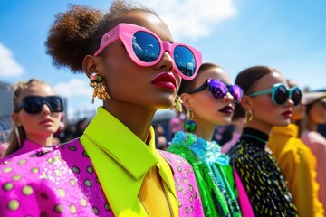 A group of women wearing vibrant and eye-catching sunglasses, perfect for capturing fun moments or adding a pop of color to your design