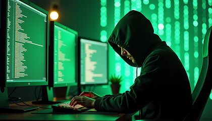 Hacker in a Dark Room with Green Terminal Codes and Multiple Monitors