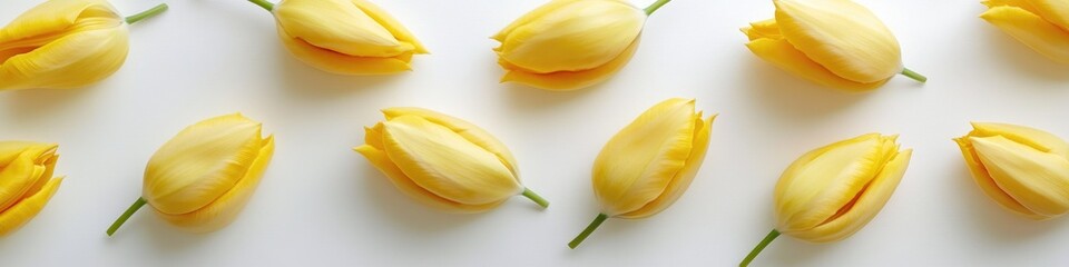 A group of bright yellow tulips sitting on a clean white surface
