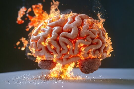 A brain exploding out of fire on a table