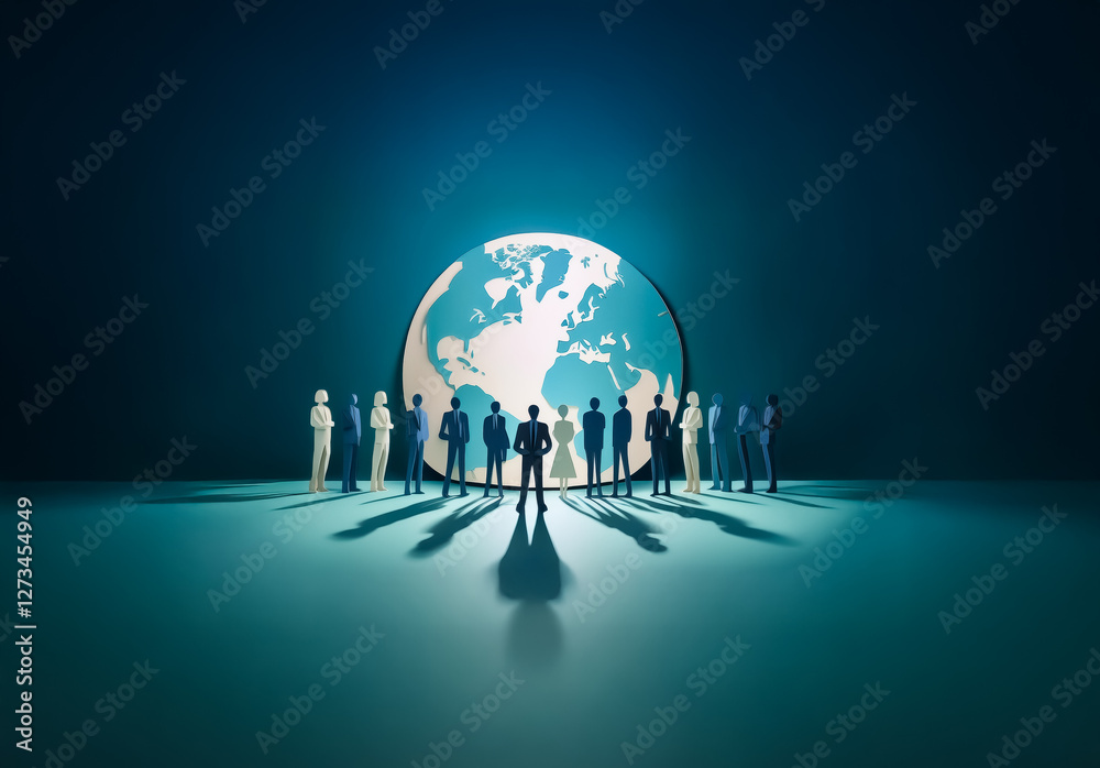 Poster shenzhen, china - unknown date : a group of silhouette figures stand facing forward in front of a gl