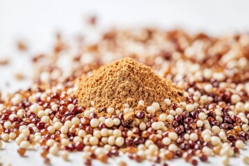 Two piles of sunflower seeds, one with brown and white striped seeds and the other with all brown seeds