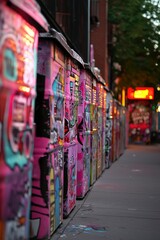 Fototapeta premium Colorful, graffitied bins in a city alley, creating a vibrant, edgy urban setting