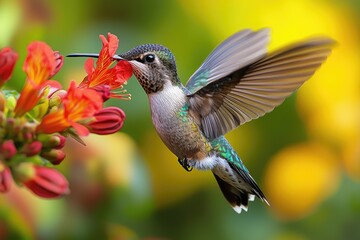 Naklejka premium Hummingbird feeding on vibrant orange flowers in nature