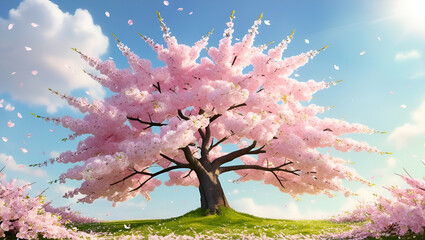 A serene spring scene featuring vibrant cherry blossom trees, their branches covered in soft pink flowers against a clear blue sky.