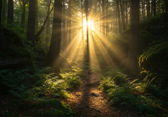 Fototapeta premium Golden Sunrays Piercing Through Dense Forest, Illuminating Enchanted Woodland