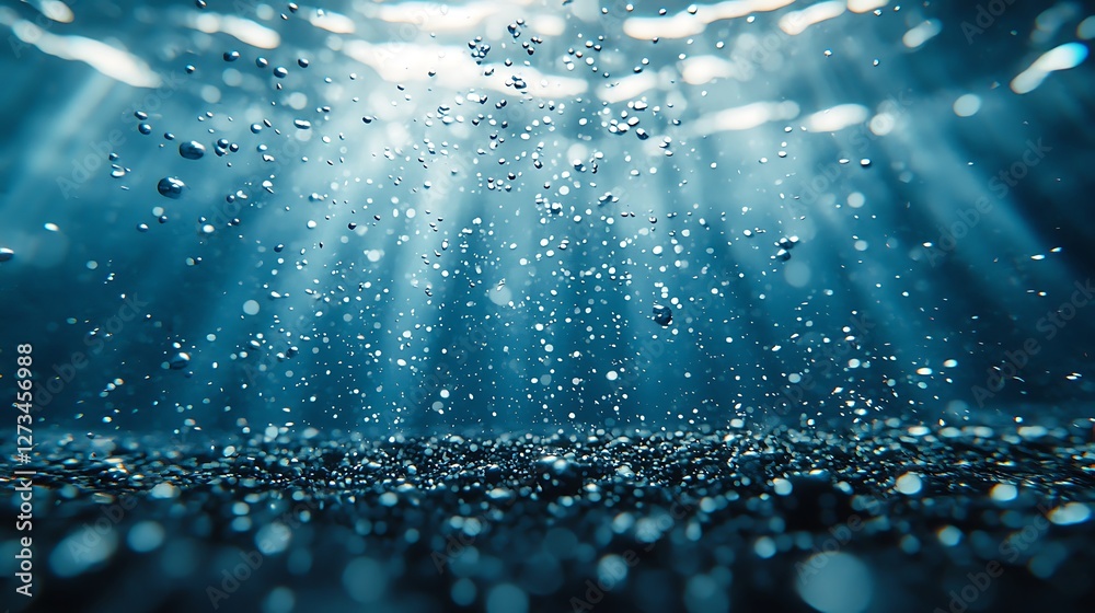 Aufkleber underwater light rays on the seabed with rising bubbles. for ocean background