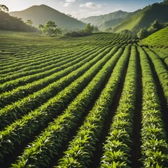 Fototapeta premium Lush Green Tea Plantation on Rolling Hills at Sunrise