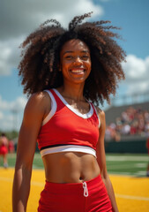 Cheerleader smiling confidently during sporting event on sunny day