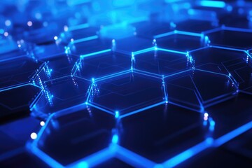Fototapeta premium Close-up view of a computer keyboard with bright blue lights, ideal for technology and computing illustrations