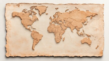Intricate Relief Map of the World on Textured Surface Showcasing Natural Earthy Tones