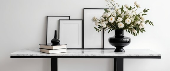 Modern Minimalist Home Decor White Flowers, Black Vase, Marble Table