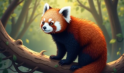 Obraz premium A charming digital illustration of a red panda perched on a branch, set in a serene forest environment, perfect for eco-friendly themes or wildlife-related projects.