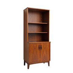 Wooden bookshelf with three shelves and two cabinets, designed in minimalist style, featuring warm brown finish