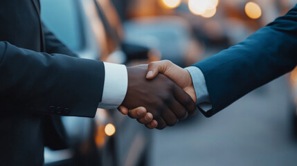 Colleagues handshake before getting into car for a shared commute in an urban environment during evening hours