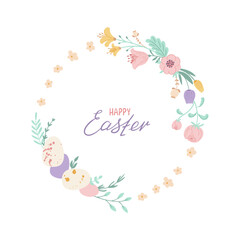 Easter wreath with eggs, flowers and branches on white background. Decorative round frame with Happy Easter lettering. Unique design for your greeting cards, banners, flyers. Vector illustration