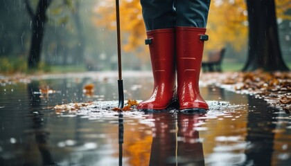 Exploring autumn rain: red boots strolling through puddles in a park setting