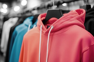 A rack filled with vibrant and bright colored hoodies, perfect for casual wear or fashion statement