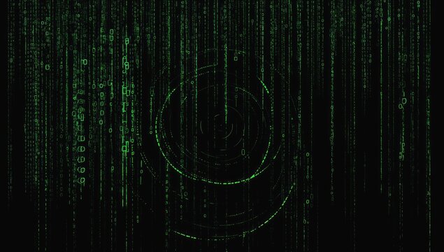 Digital code cascading with circular patterns. Possible use for screensavers, movie backgrounds
