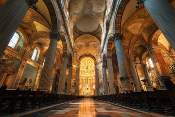 Fototapeta premium A traditional church interior with ornate columns and a large dome, suitable for use in a variety of contexts including faith-based or architectural settings