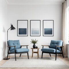 Fototapeta premium Minimalist Living Room Interior with Blue Armchairs and Abstract Art