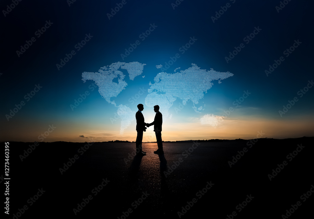 Aufkleber Shenzhen, China - Unknown Date : Silhouetted figures shake hands against a backdrop featuring a world map and a vibrant sunset sky.  A representation of global unity and partnership.
