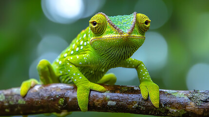 Vibrant Green Chameleon Perched on a Branch, Intricate Skin Texture