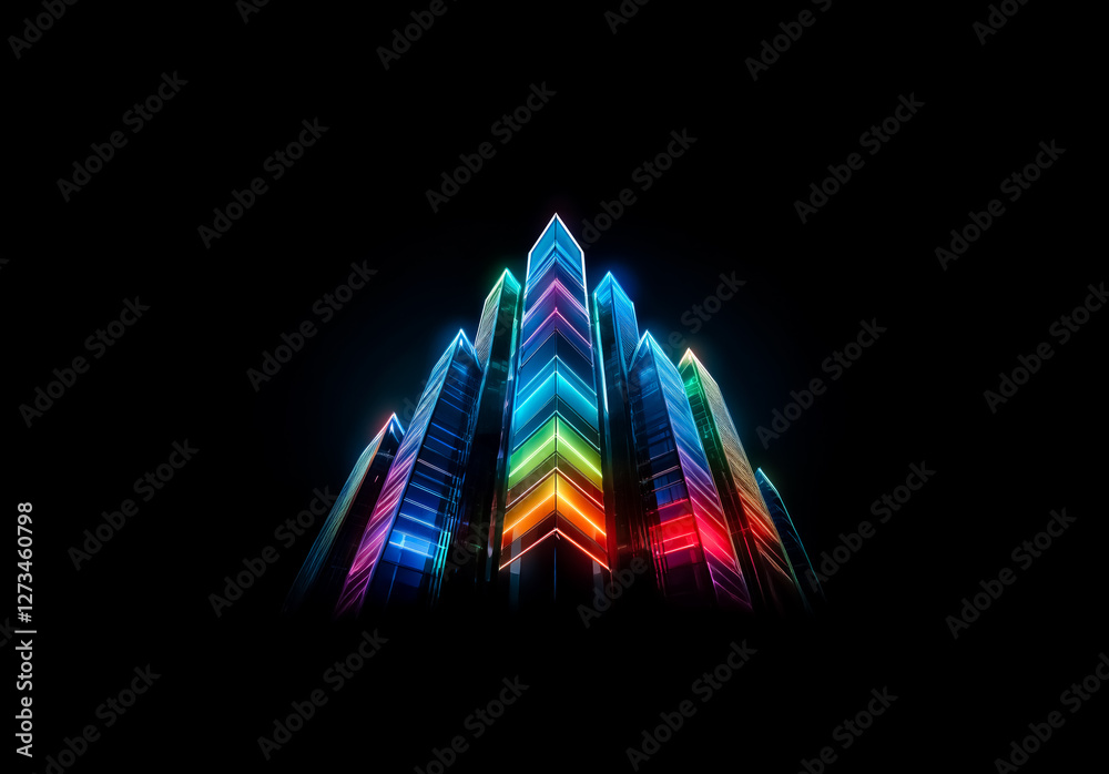 Aufkleber shenzhen, china - unknown date : illuminated towers rise against the black background. rainbow color