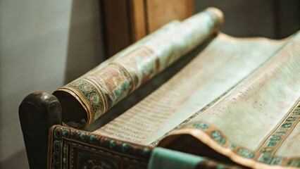 Rolled-up Antique Textile on Wooden Stand