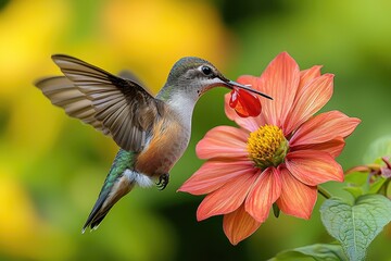 Fototapeta premium Hummingbird feeding from a vibrant orange flower