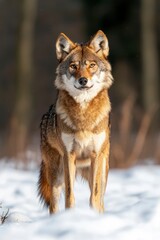 Obraz premium A wild reddish brown coyote standing alert in the snowy woods of North America