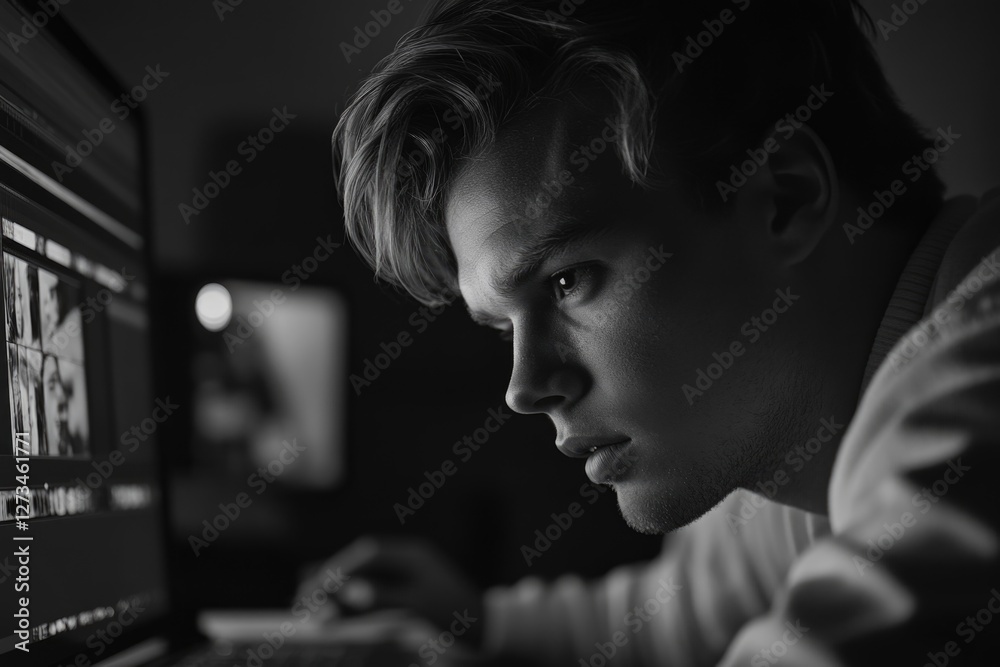 Wall mural a person examining a computer monitor with focus on the screen