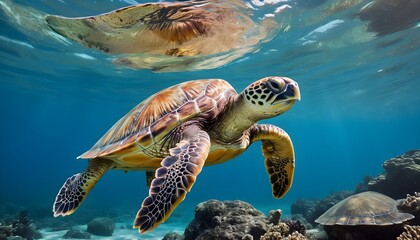 Fototapeta premium Green Sea Turtle Underwater in Coral Reef