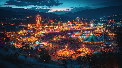 Stunning aerial view of a vibrant festival, with colorful tents, lively crowds, and dazzling lights in a large open field. A celebration of energy and culture.