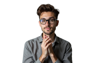 Portrait of young caucasian man with glasses and stylish attire, clasping hands in thoughtful expression on neutral background