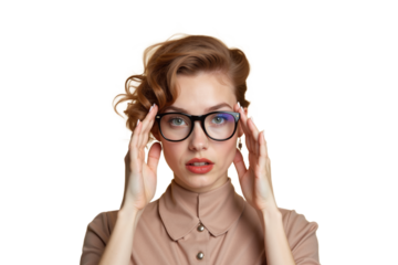 Caucasian woman model with glasses adjusting eyewear and posing in neutral setting with soft light
