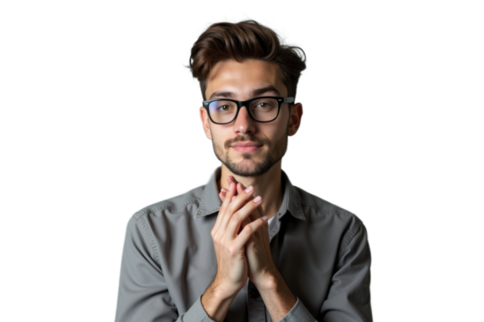 Portrait of young caucasian man with glasses and stylish attire, clasping hands in thoughtful expression on neutral background