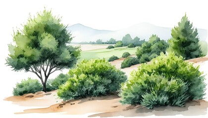 Watercolor Landscape Rolling Hills, Green Bushes, and Mountains