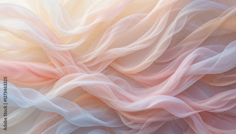 Poster ethereal fabric waves. delicate translucent material in soft pink peach and white. graceful ripples 
