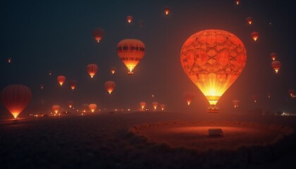 Hot air balloons illuminated at dusk during festival in mountainous landscape